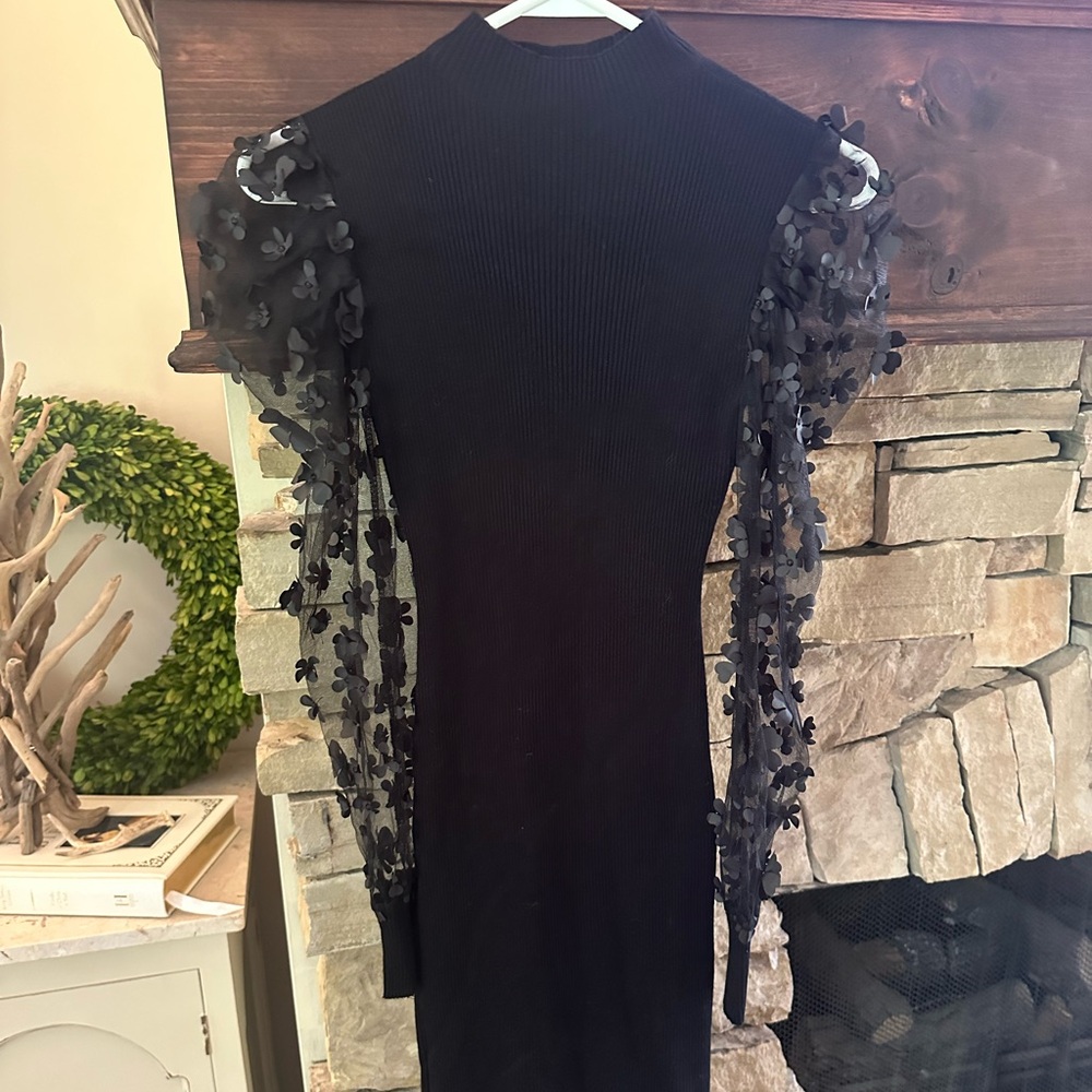 Elegant Black Midi Dress with Sheer Floral Sleeves